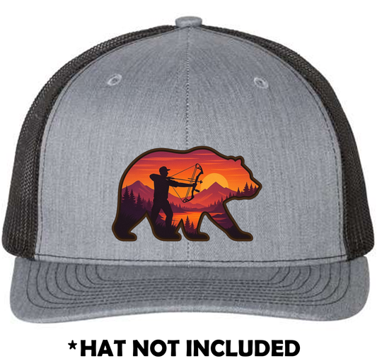 Bear with Mountain Sunset Scene & Bow Hunter UV Printed Hat Patch