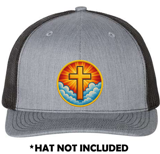 Circle Embroidered Edge Cross Shining In Sky UV Printed Hat Patch