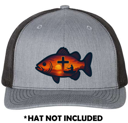 Fish with Sunset Cross & Fisherman Scene UV Printed Hat Patch