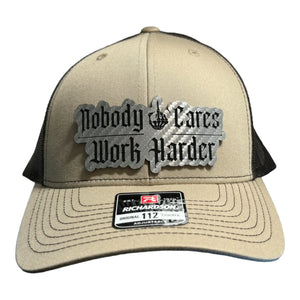 Nobody Cares/Work Harder leatherette Patch - Custom Patches - Soda City Hat Co