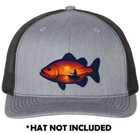 Fish with Sunset & Fisherman Scene UV Printed Hat Patch