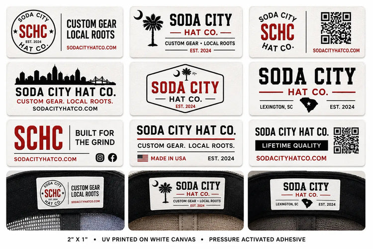 Examples of custom UV printed canvas hat branding labels with logos and QR codes