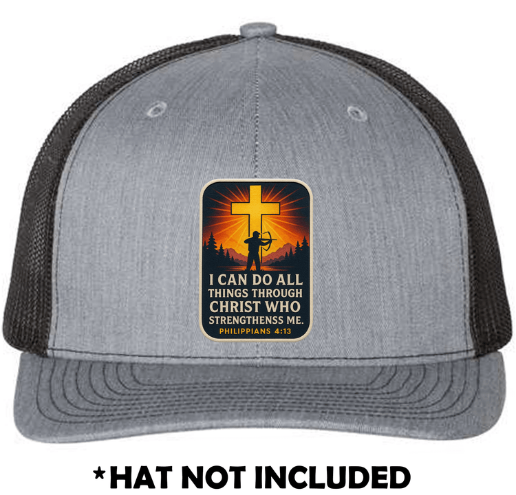 Bow Hunter - Cross Shining - All Things Through Christ UV Printed Hat Patch mockup on a gray trucker hat; hat not included