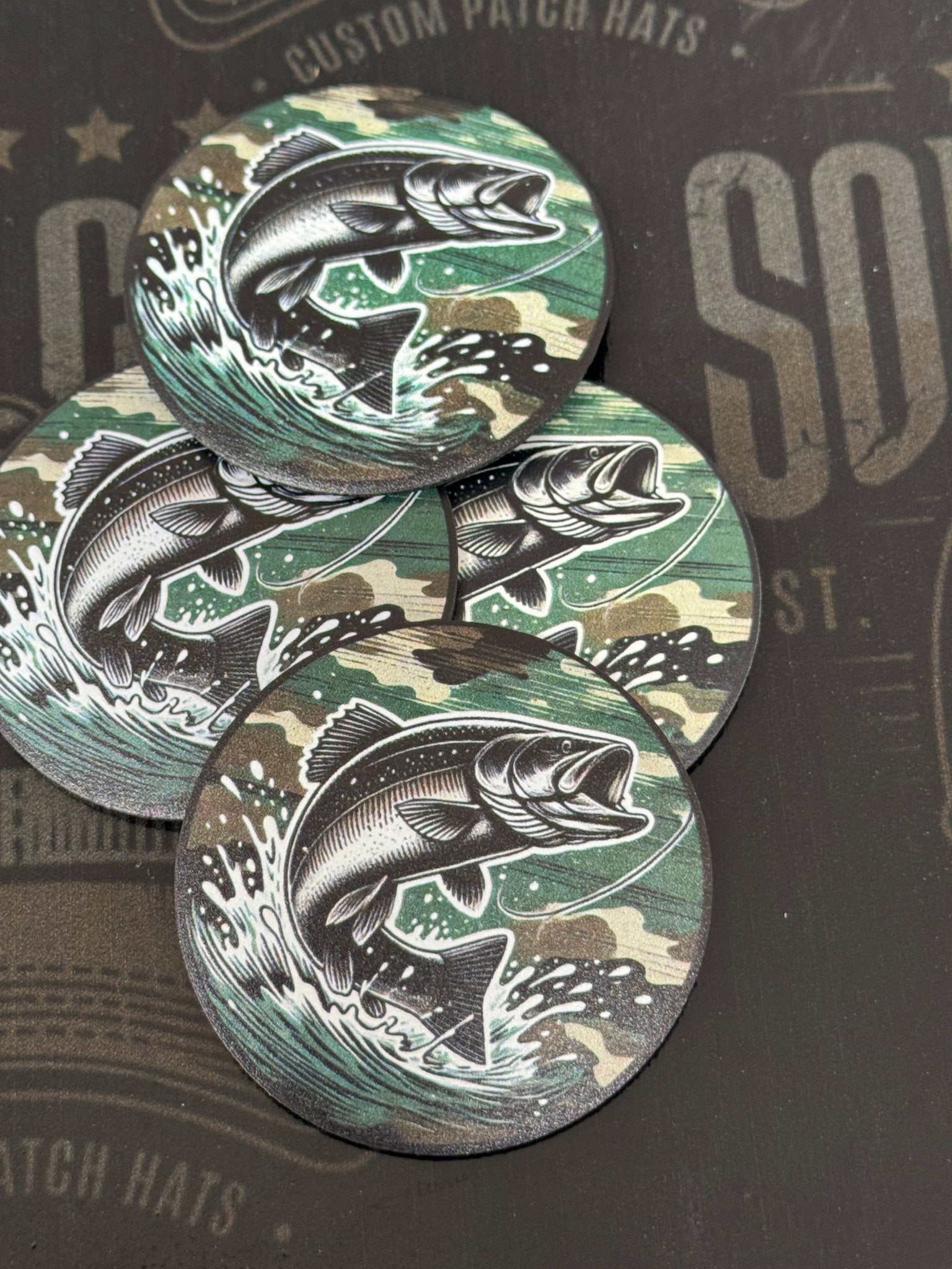 Circle Fish Jump With Camo Background UV Printed Patch - Soda City Hat Co