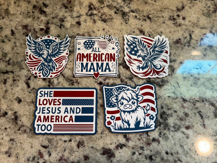 Assorted red, white and blue tri-color acrylic patches