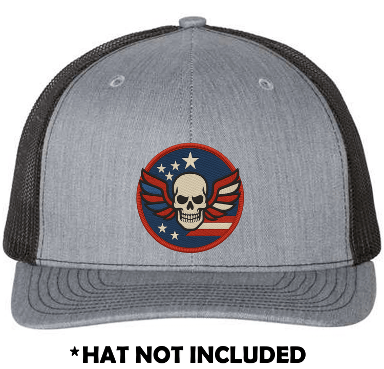 Embroidered Skull USA UV Printed Hat Patch mockup on a gray trucker hat; hat not included
