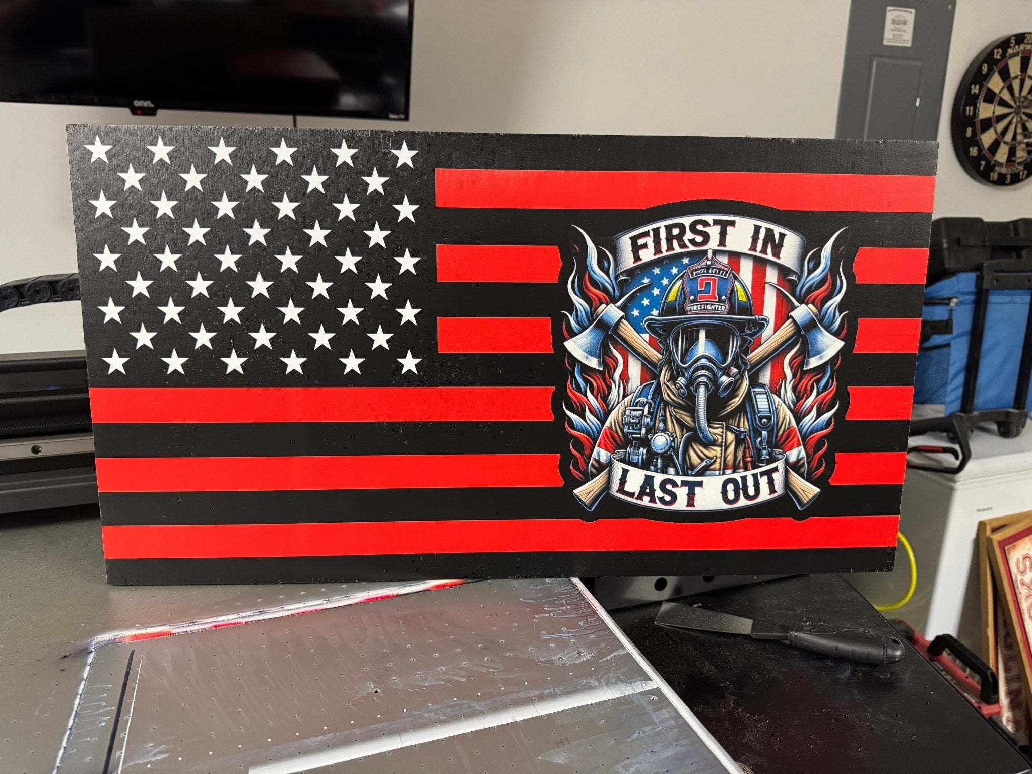 Firefighter - First In Last Out Wooden Flag - Soda City Hat Co