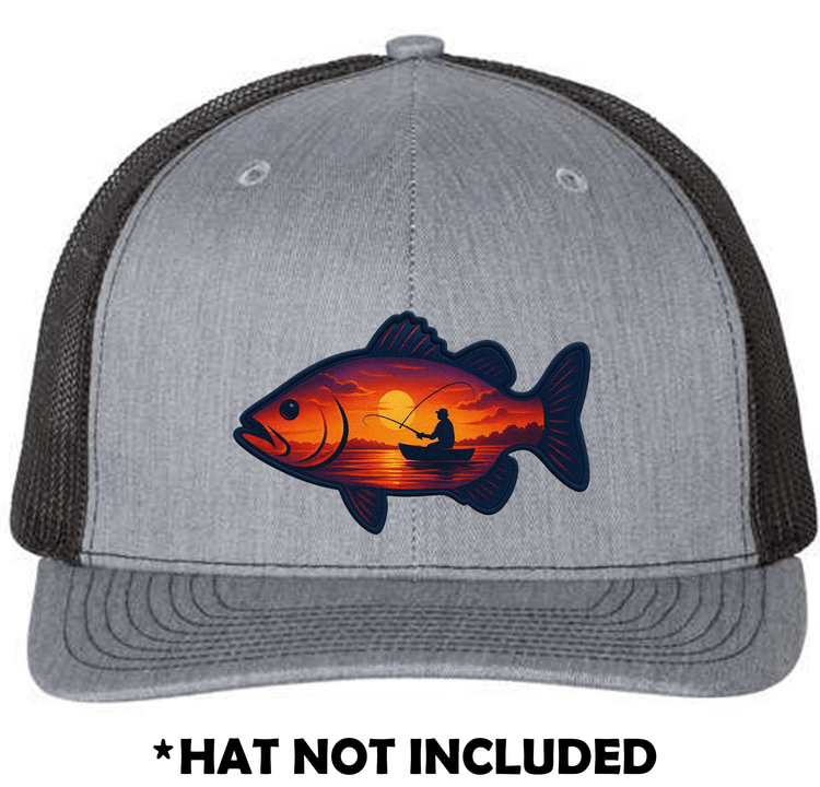 Fish with Sunset & Fisherman Scene UV Printed Hat Patch mockup on a gray trucker hat; hat not included