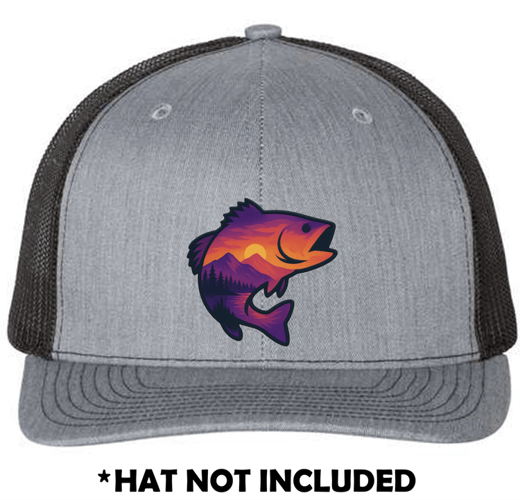 Jumping Fish Mountain Sunset Scene UV Printed Hat Patch mockup on a gray trucker hat; hat not included