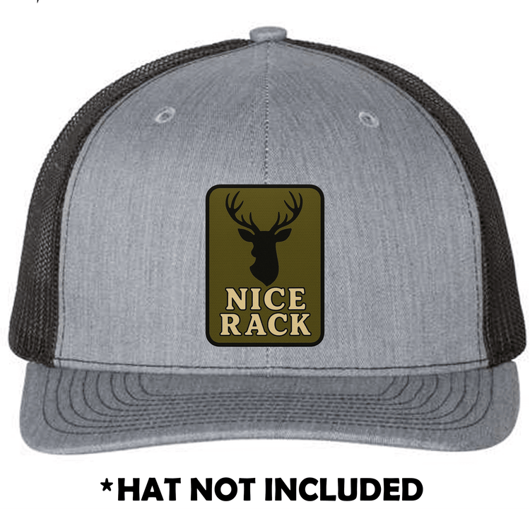 Nice Rack UV Printed Hat Patch mockup on a gray trucker hat; hat not included