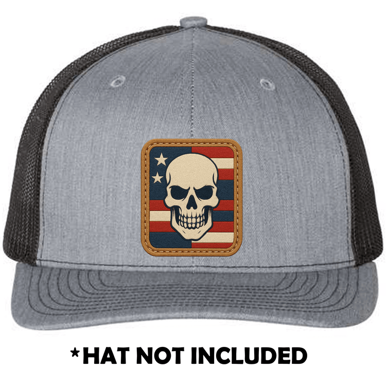Rectangle Leather Skull USA UV Printed Hat Patch mockup on a gray trucker hat; hat not included