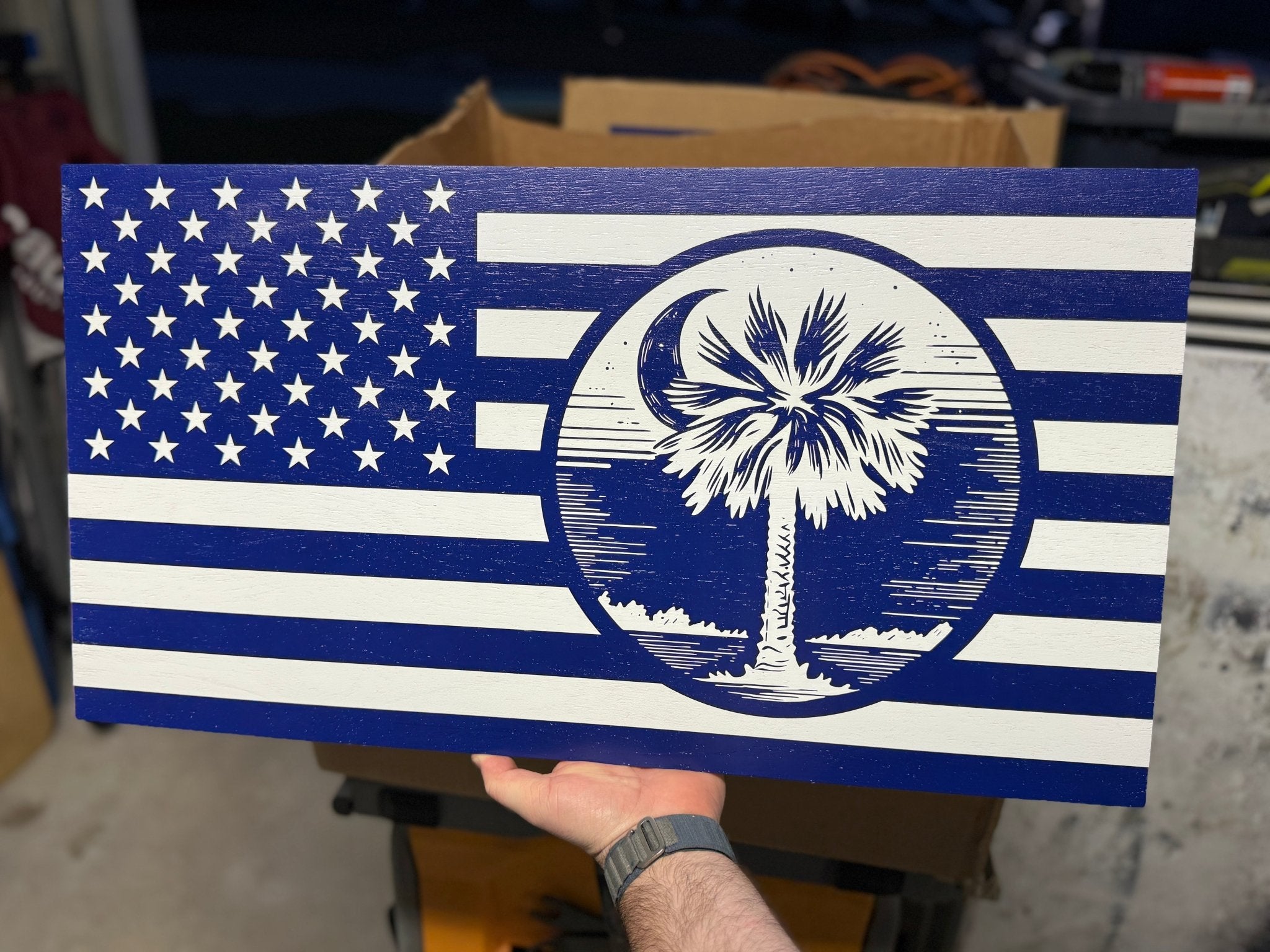 South Carolina - Palmetto Tree & Moon Wooden Flag - Soda City Hat Co
