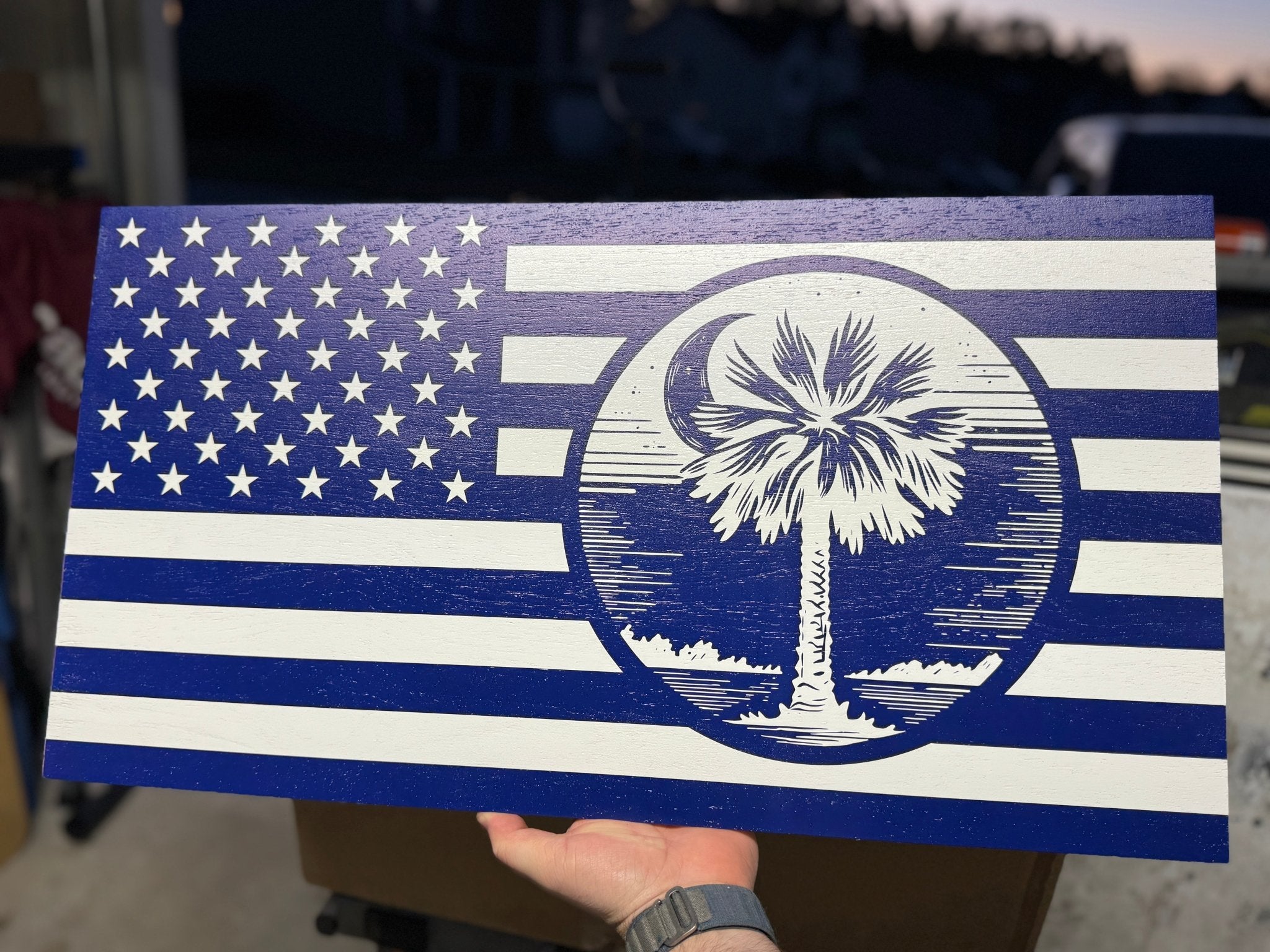 South Carolina - Palmetto Tree & Moon Wooden Flag - Soda City Hat Co
